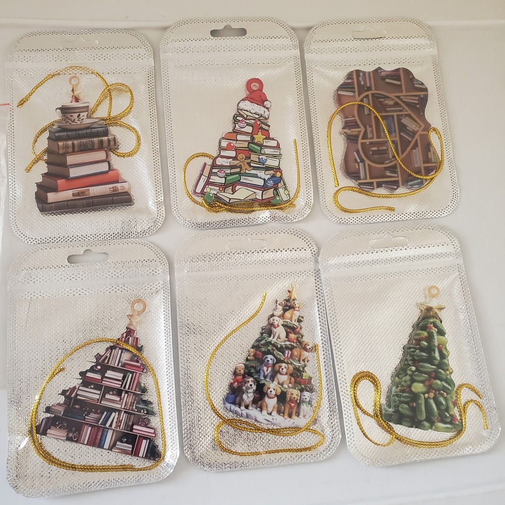 6PCS Christmas Ornaments Set Book Lovers Puppy Pickle Tree Holiday Decor New